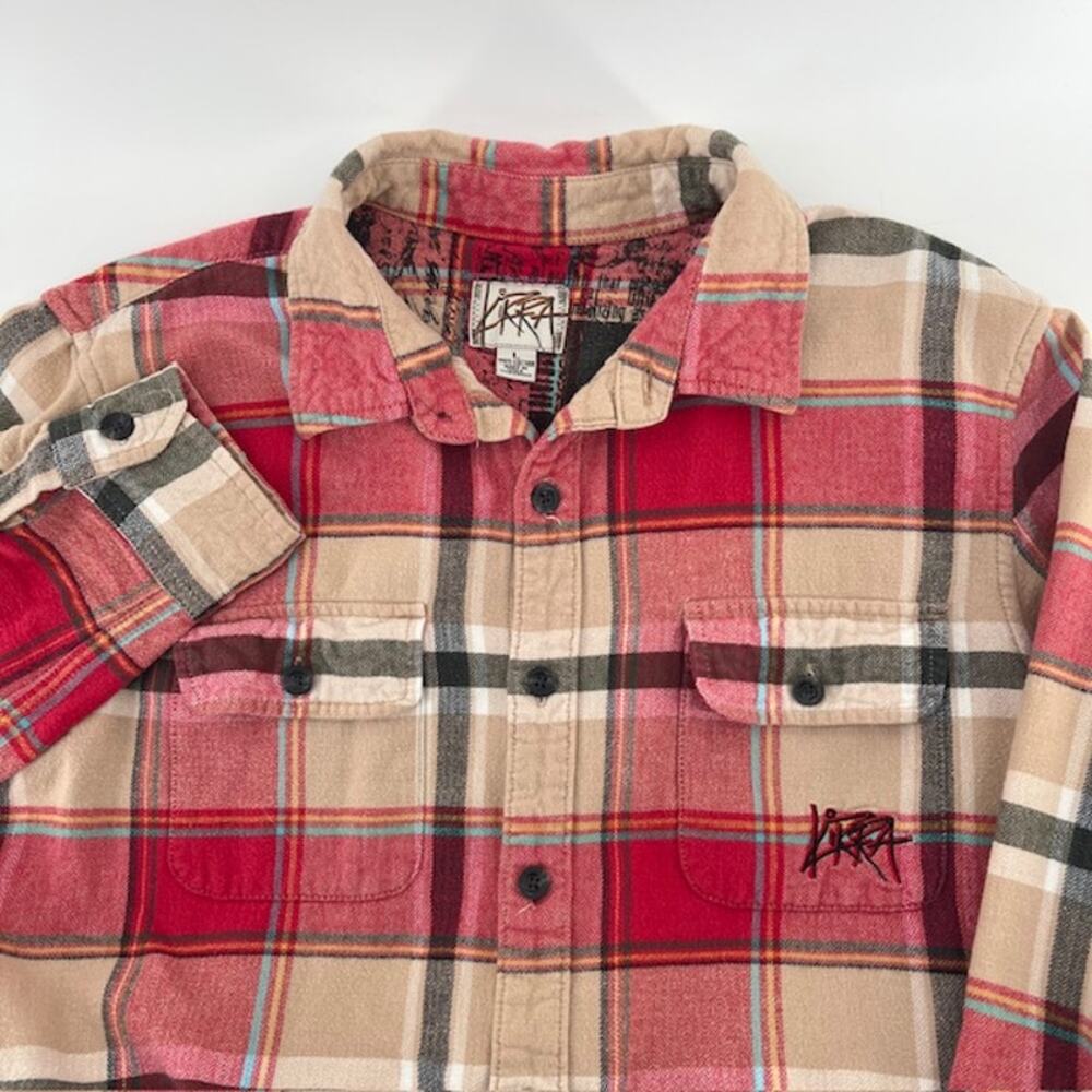 Kirra Button Up Flannel Shirt Mens L Red Plaid Cotton Y2K Grunge Skater Logo